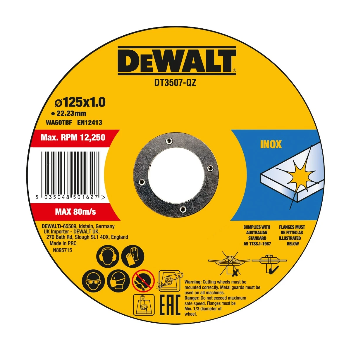 1082622 Disc debitare inox / otel, DeWalt DT3507-QZ, 125 x 22.23 x 1 mm, set 10 bucati - imagine 1